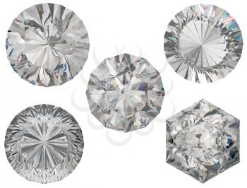 Top views of round and hexagonal diamond cuts over white background
