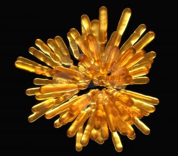 Abstract Golden frozen fluid columns in spherical shape over white