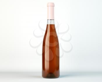 Corked bottle of white wine or brandy with blank label over studio background