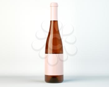 Corked bottle of white wine or brandy with blank label over studio background