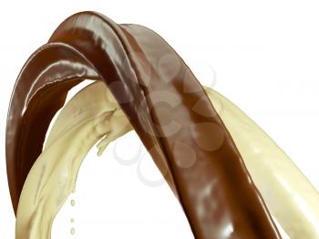 Drinks: Hot dark and milk chocolate flow isolated over white background