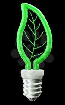 Eco friendly technology: green leaf or folium light bulb on black