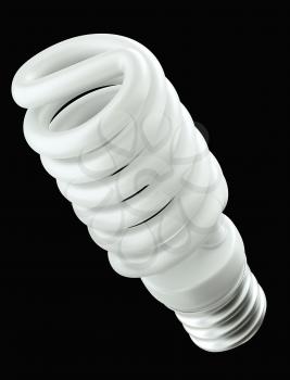 Energy efficiency: spiral light bulb isolated over black