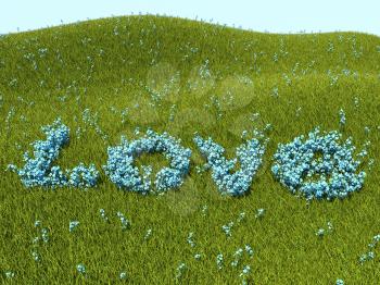 Forget-me-nots love word and green grass on the glade or clearing