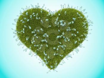 Green grass heart with forget-me-not flowers over blue