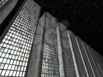 Megalopolis at night: Abstract skyscrapers in a row