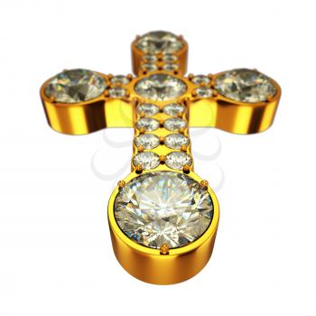 Religion: golden cross with diamonds isolated over white (wide angle with artistic shallow DOF)