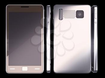 Smart phone: front, side and rear views on black (custom created and rendered)