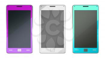 Smart phones in purple grey and turquoise colours isolated on white