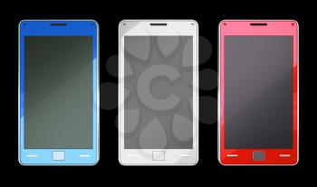 Smart phones in red blue and white colours over black (custom created and rendered)