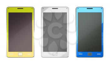 Smart phones in yellow blue and white colours over white