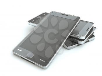 Stack of smart phones with touch screen over white. Custom rendered