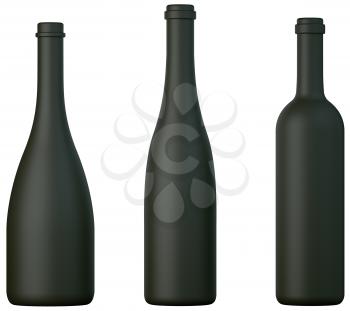 Three black bottles for wine or brandy isolated over white