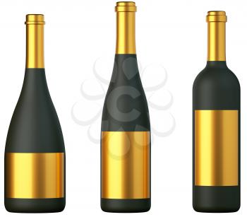 Three black bottles for wine with golden labels isolated on white