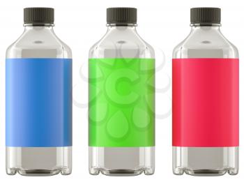 Three bottles for chemicals or drugs with colorful stickers isolated on white