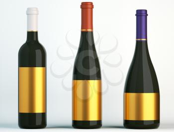 Three bottles for wine with blank golden lables on white