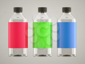 Three bottles for chemicals or fluids with colorful stickers over grey background