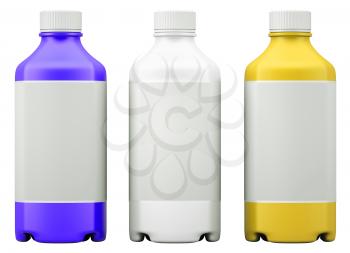 Three colorful  bottles for chemicals or drugs isolated on white