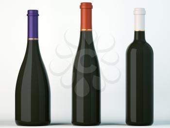 Three corked black bottles for wine or beverages on white