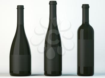 Three corked bottles for wine with black labels on white