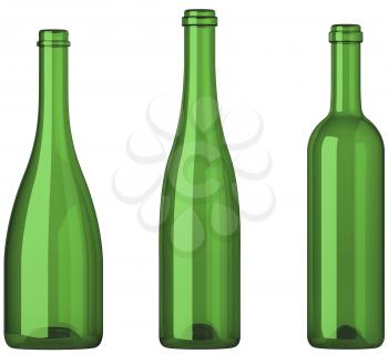 Three empty uncorked bottles for wine isolated on white
