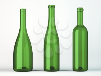 Three empty uncorked bottles for wine on white