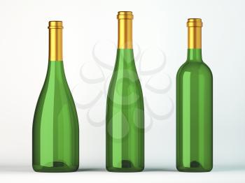Three green bottles for wine with golden labels on white