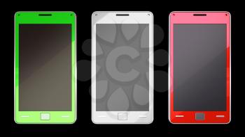 Three smart phones in different colours over black (custom created and rendered)