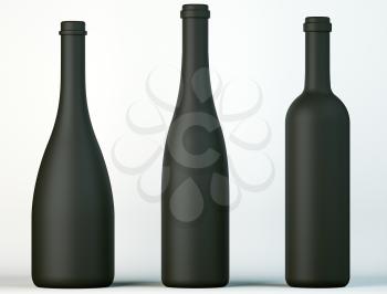 Three uncorked black bottles for wine or beverages on white