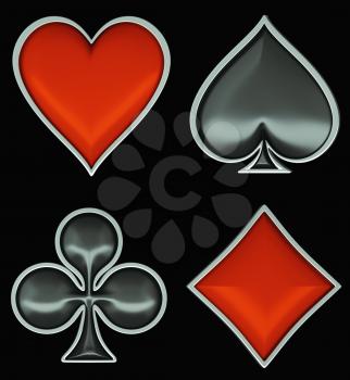 Card suits with gray framing isolated over black. Poker and casino