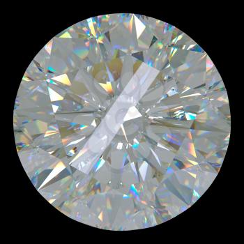 Gemstone: top view of round diamond isolated on black. Large resolution