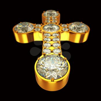 Jewelery: golden cross with diamonds over black. Custom made and rendered