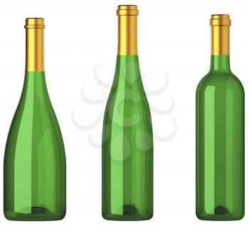 Three green bottles for wine with golden labels isolated on white