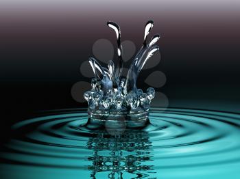 Blue liquid splashes and water crown on surface. Colorful background