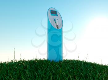 Charging station and green field at dawn. Ecology and environment