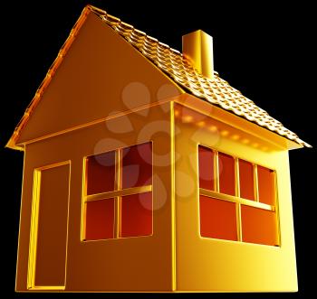 Costly realty: golden house shape on black. Useful for business