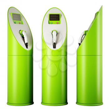 Eco fuel and energy: three charging stations for vehicles over white