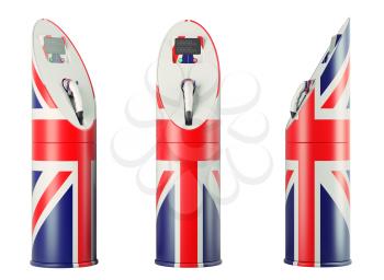 Eco fuel: three charging stations with Union Jack flag pattern for electric cars on white