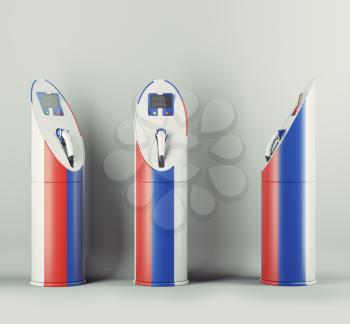 Eco fuel: three charging stations with Russian flag pattern for electric cars