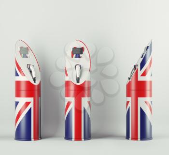 Eco fuel: three charging stations with Union Jack flag pattern for electric cars