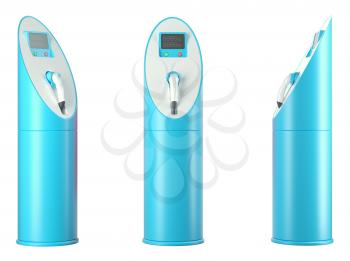 Ecology and transportation: group of blue charging stations on white