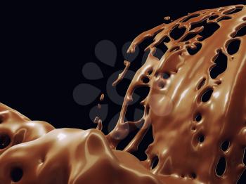 Hot chocolate or cocoa splashes flow isolated over black