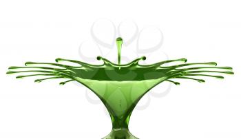 Splash of colorful green liquid with droplets and water crown isolated on white
