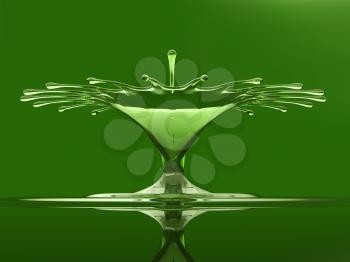 Splash of colorful green liquid with droplets and water crown. Over green
