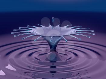 Splash of purple fluid with droplets and water crown on blue