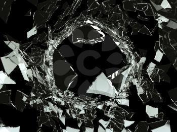 Bullet hole Shattered glass on black background. Large resolution