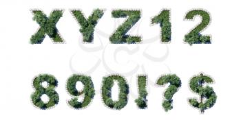 Green park type set with grey cubing border. letters and numerals