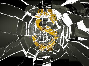 Broken US dollar symbol and shattered glass on white. Decline and crisis