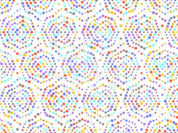 Polka dot spiral pattern with red yellow grey purple blue circles. On white