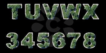 green garden set with grey cubing border on black. letters and numerals